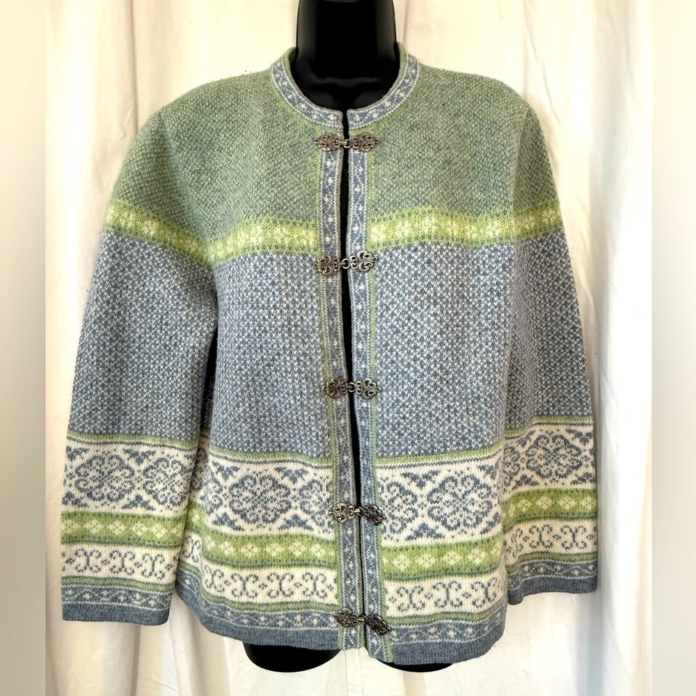 Susan Bristol Vintage 100% Wool Alpine‎ Women's Sz L Jacket Sweater Nickel Clips
